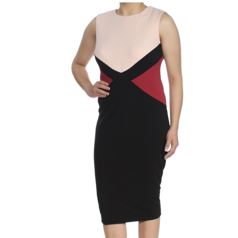Calvin Klein‎ Pink Colorblock Stretch Crepe Sleeveless Sheath Dress Size 10